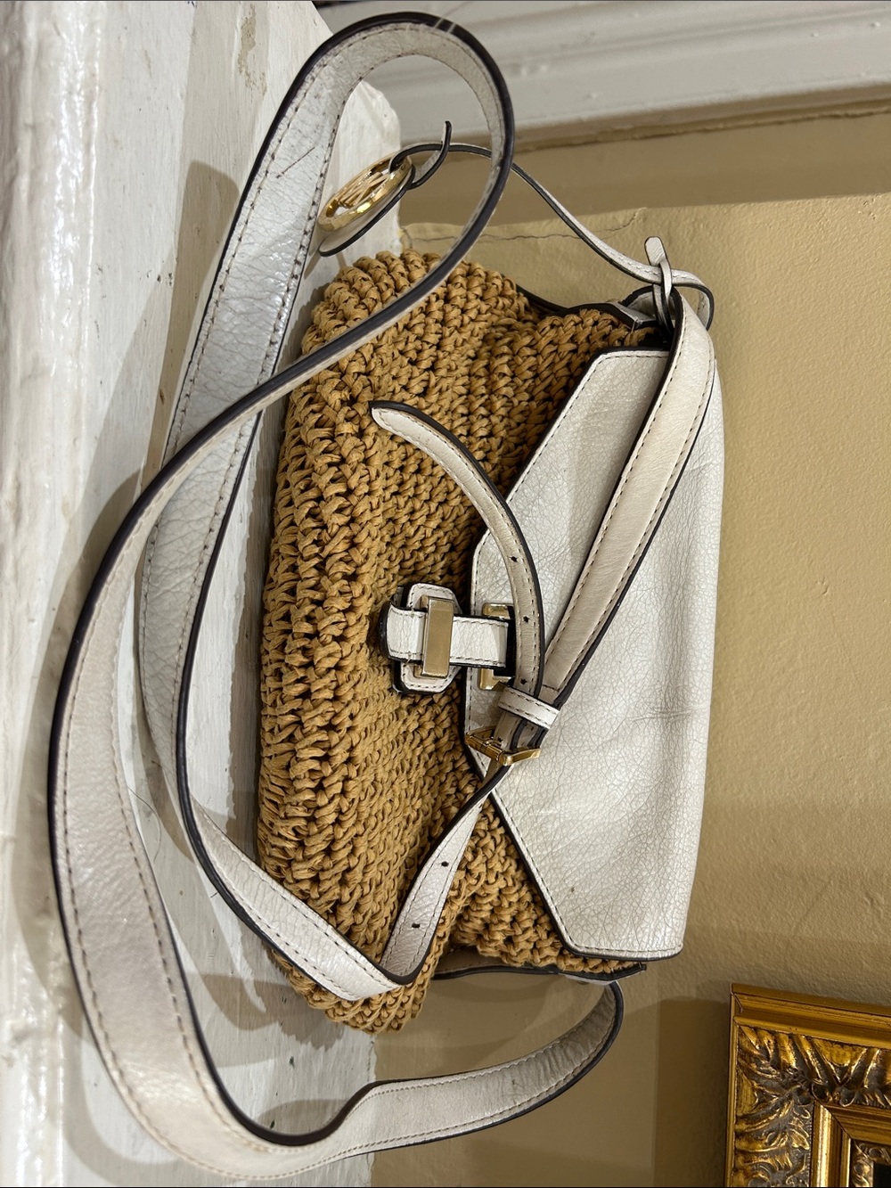 Michael Kors Vintage White and Tan Woven Crossbody Shoulder Bag